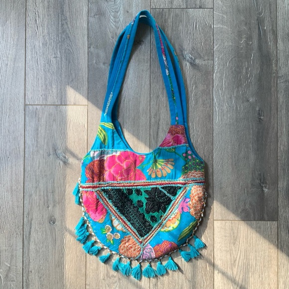 Tribe Azure Fair Trade Handcrafted Large Colorful Quilted Patchwork Shoulder Bag - Picture 3 of 13